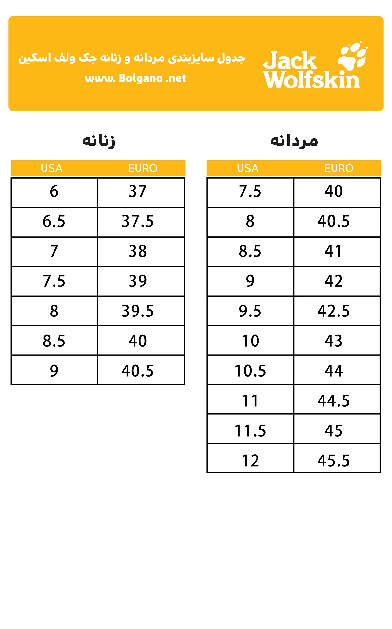 راهنمای سایز کفش جک ولف اسکین